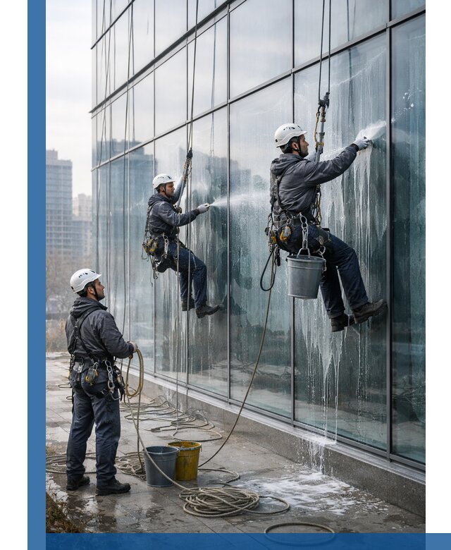 Промышленная мойка панорамных окон на высоте в Новокузнецке