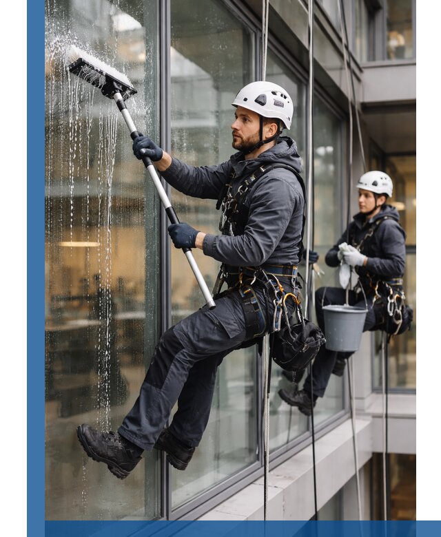 Профессиональная мойка витражей промышленными альпинистами в Новокузнецке