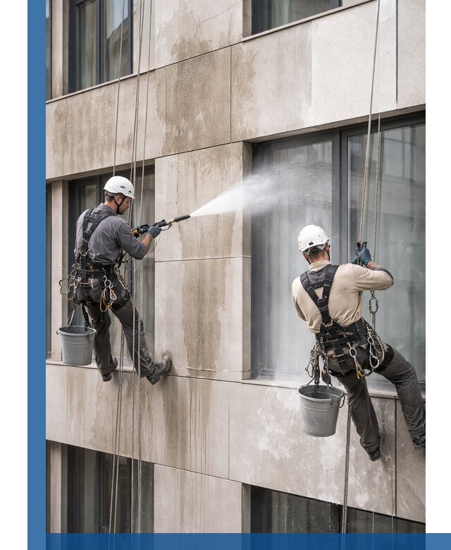 Послестроительная мойка фасада промышленным альпинизмом в Новокузнецке