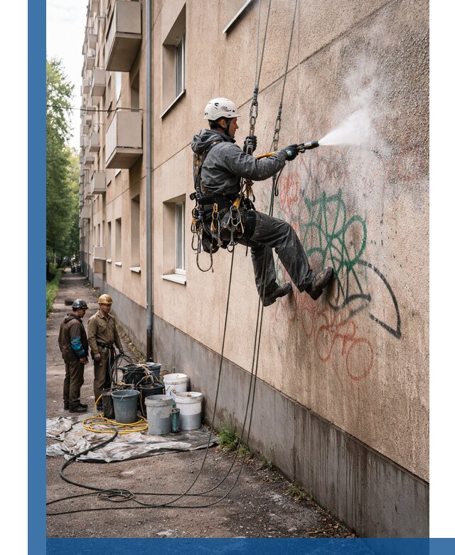 Удаление граффити с фасада в Новокузнецке без следов и повреждений