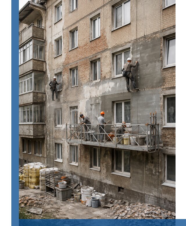 Капитальный ремонт фасада в Новокузнецке с восстановлением и гидроизоляцией