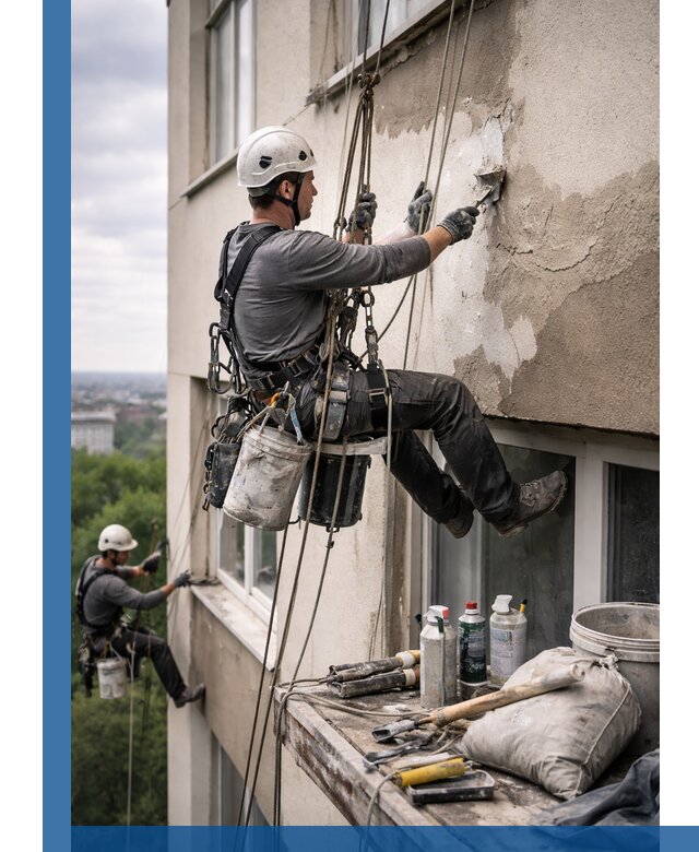 Косметический ремонт фасада зданий в Новокузнецке промышленными альпинистами
