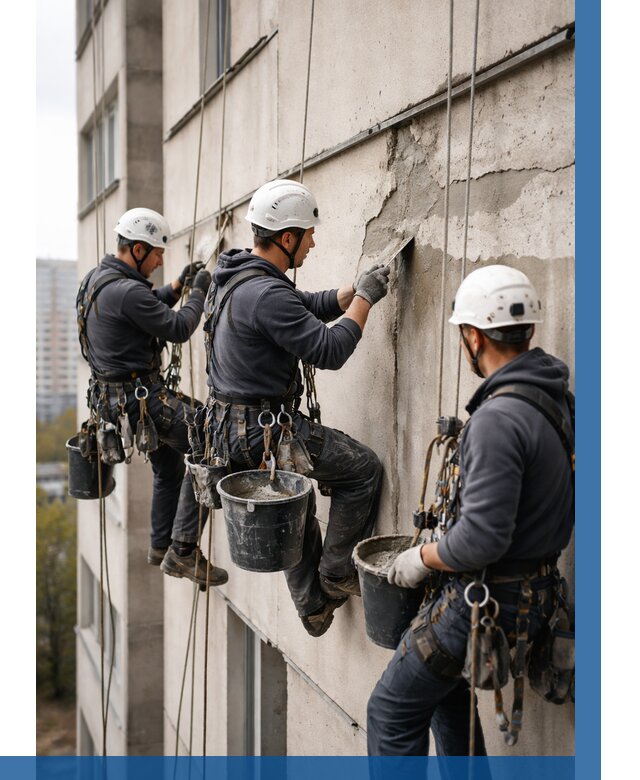 Ремонт бетонных элементов фасада в Новокузнецке от 2569 р. | ВЫСОТНИК-Нвк