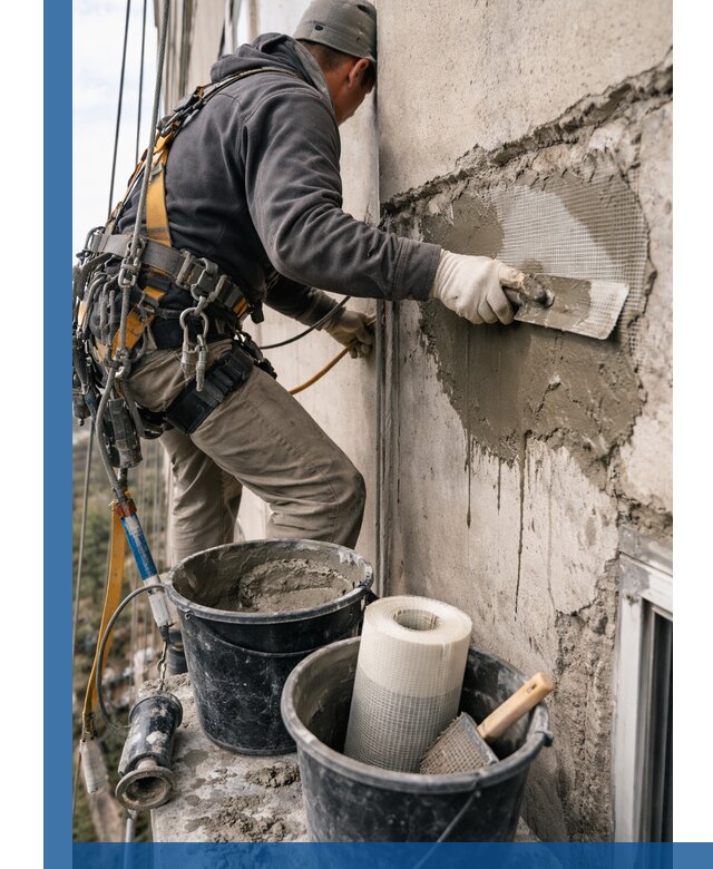 Ремонт бетонных элементов фасада промышленными альпинистами в Новокузнецке