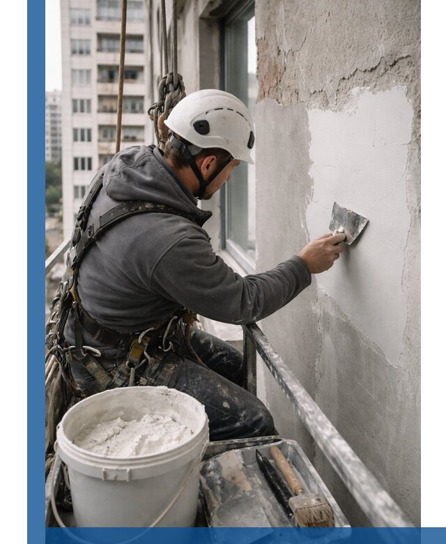 Шпаклевка фасадов на высоте с промальпинистами в Новокузнецке