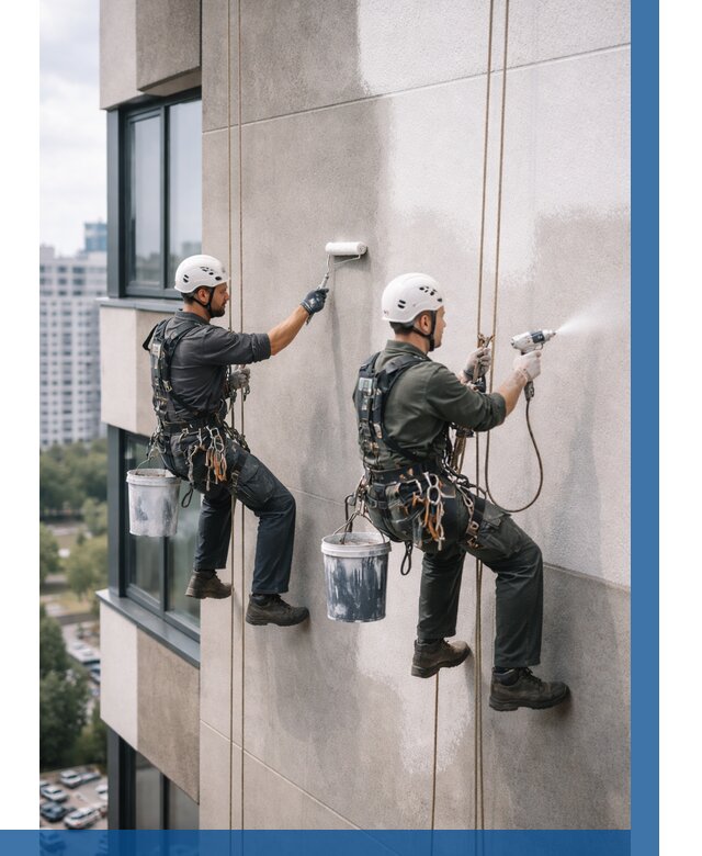 Покраска фасада альпинистами в Новокузнецке от 308 р. | ВЫСОТНИК-Нвк