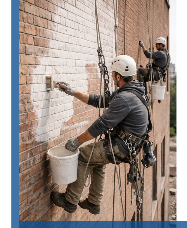 Покраска кирпичного фасада с доступным альпинистским сервисом в Новокузнецке