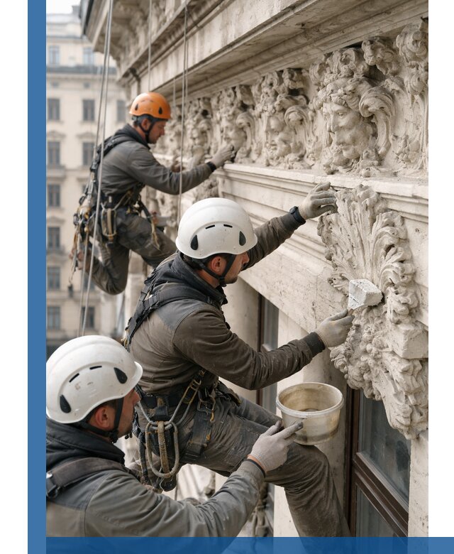 Реставрация фасадной лепнины с высотными работами в Новокузнецке