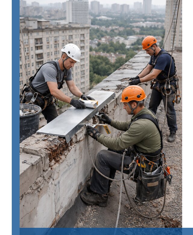 Ремонт парапета на кровле в Новокузнецке, высотные работы с гарантией