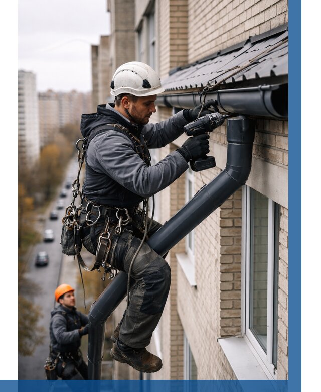 Монтаж водосточной системы на здании в Новокузнецке от 5137 р. | ВЫСОТНИК-Нвк