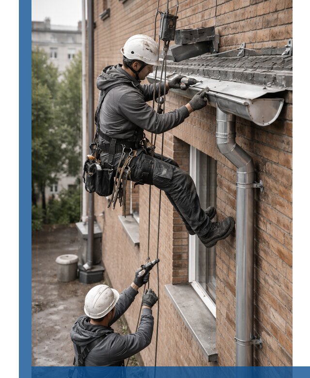 Монтаж водосточной системы на здании в Новокузнецке под ключ