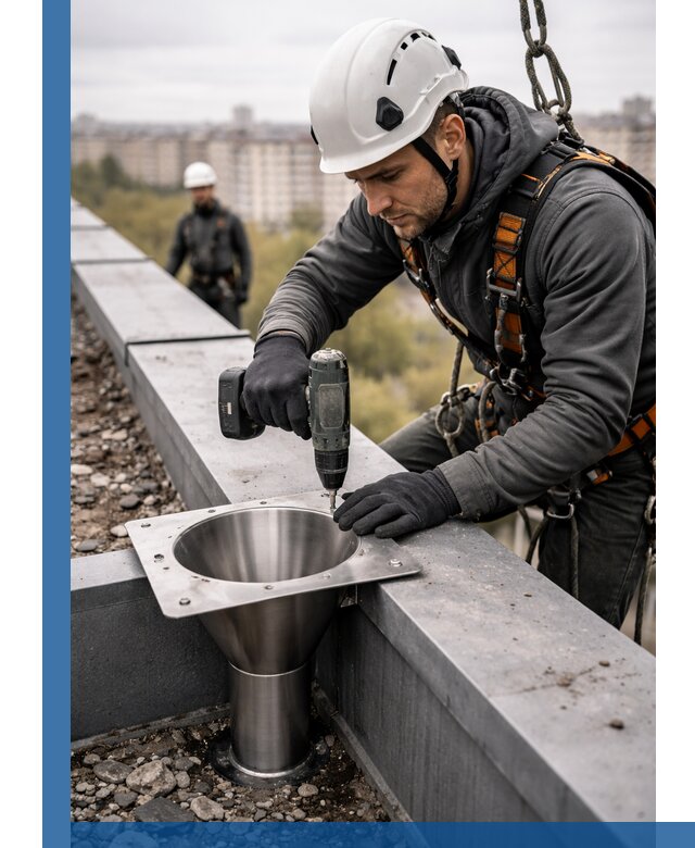 Монтаж водосточных воронок в Новокузнецке для промышленных зданий