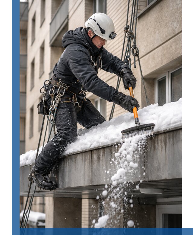 Очистка козырьков от снега в Новокузнецке круглогодично безопасно