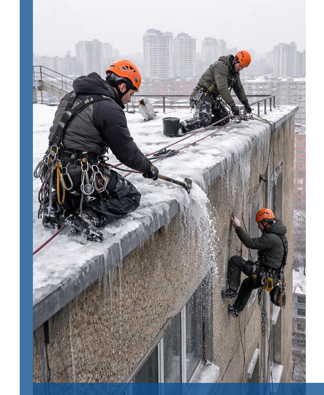 Удаление наледи с кровли в Новокузнецке промышленными альпинистами