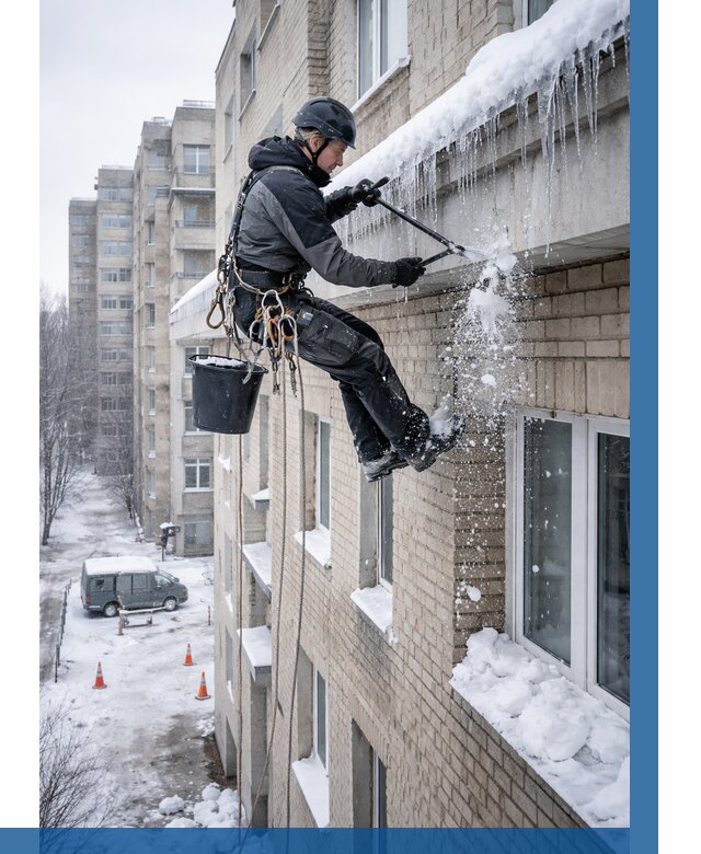 Удаление наледи с карнизов в Новокузнецке от 360 р. | ВЫСОТНИК-Нвк