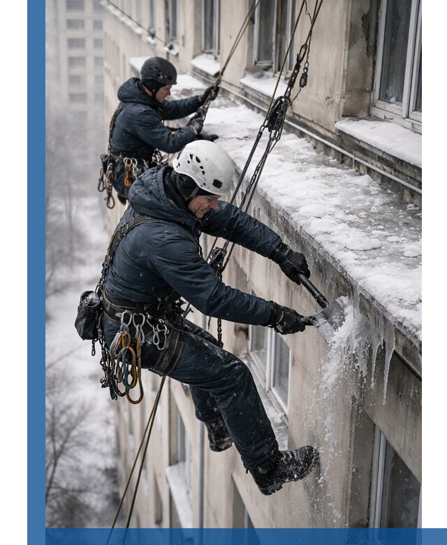 Удаление наледи и сосулек с карнизов в Новокузнецке профессионально