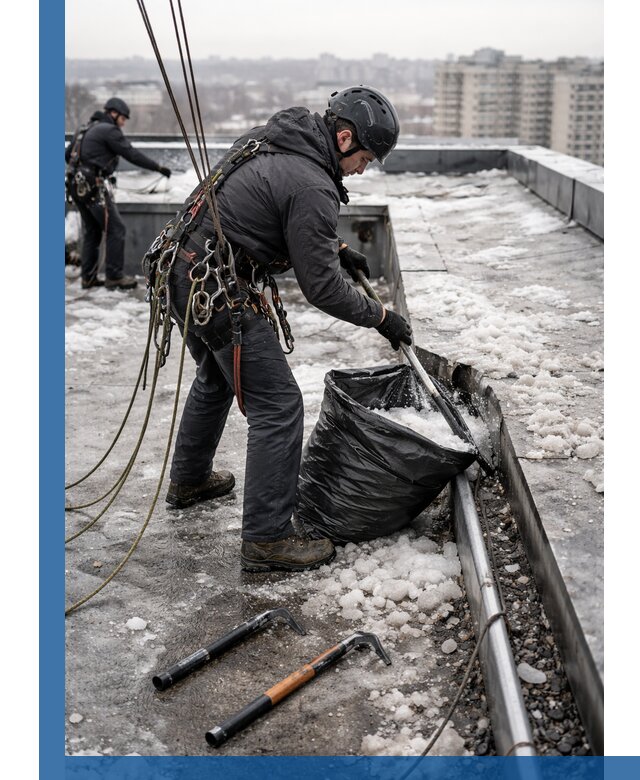 Аварийная очистка кровли в Новокузнецке от промальпинистов
