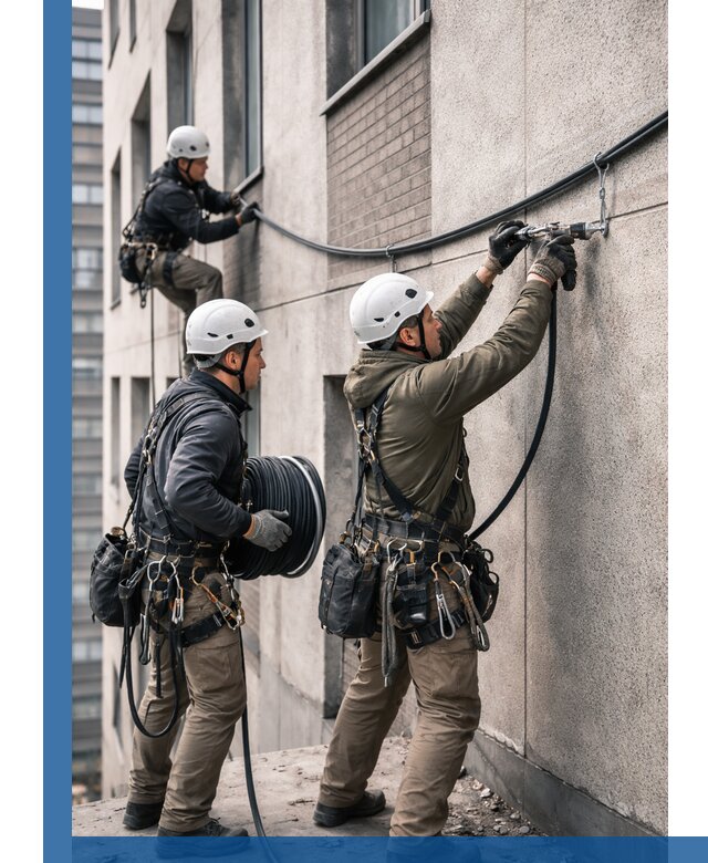 Прокладка кабеля по фасаду в Новокузнецке, профессиональный монтаж