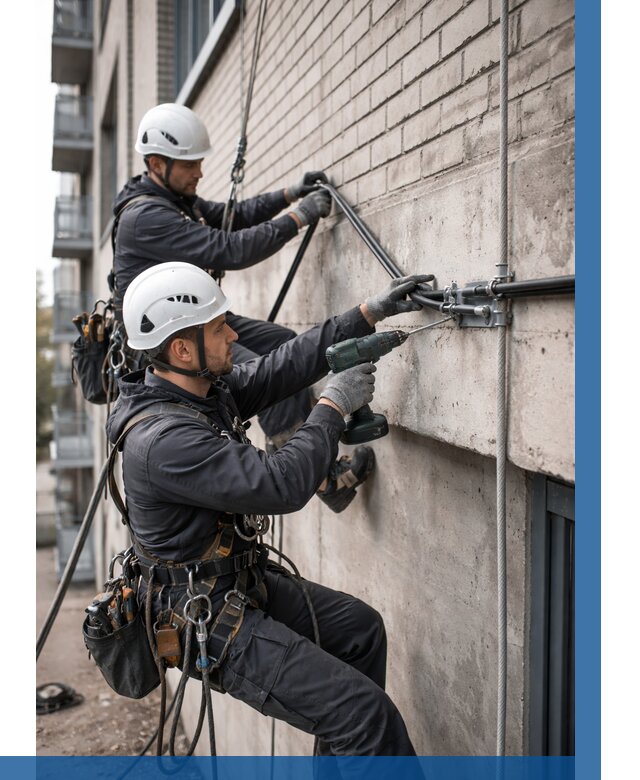 Крепление кабеля на фасаде в Новокузнецке от 360 р. | ВЫСОТНИК-Нвк