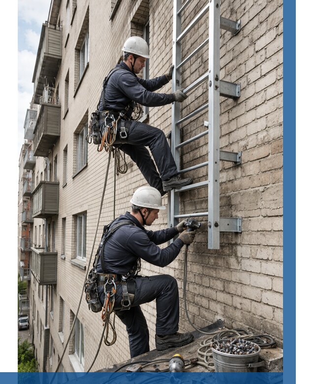 Монтаж пожарной лестницы в Новокузнецке от 25685 р заказать у ВЫСОТНИК-Нвк