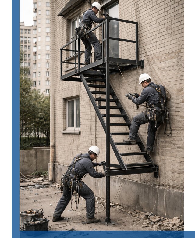 Монтаж пожарной лестницы в Новокузнецке, установка и крепление