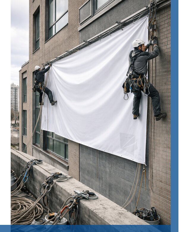 Монтаж баннеров на фасаде в Новокузнецке от 668 р. заказать ВЫСОТНИК-Нвк