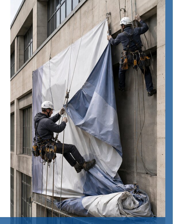 Демонтаж баннеров с фасада в Новокузнецке от 4623 р. | ВЫСОТНИК-Нвк