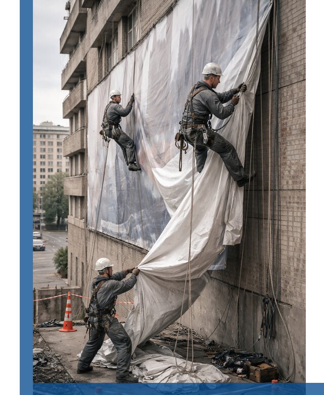 Демонтаж баннеров с фасада в Новокузнецке оперативно и безопасно