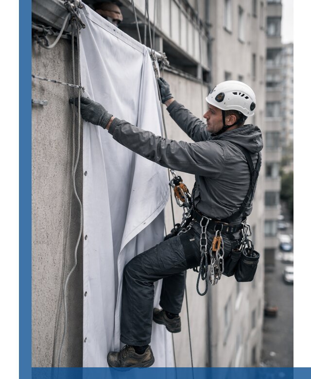 Замена баннерного полотна промышленными альпинистами в Новокузнецке