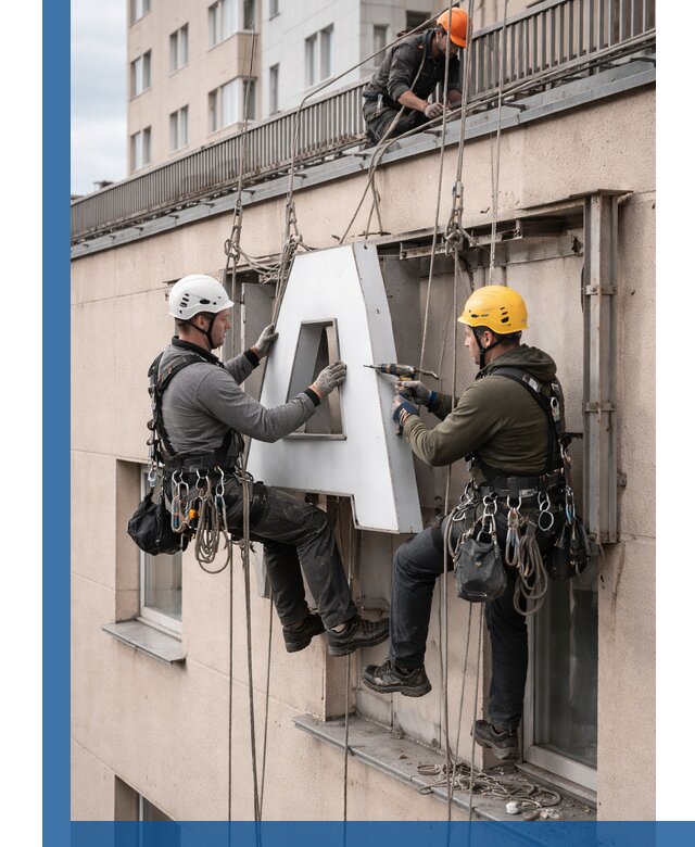 Ремонт и восстановление наружных вывесок на высоте в Новокузнецке