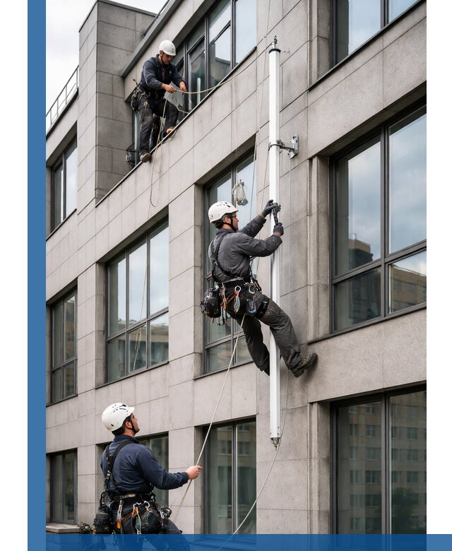 Монтаж флагштока на фасаде здания с креплением и герметикой в Новокузнецке