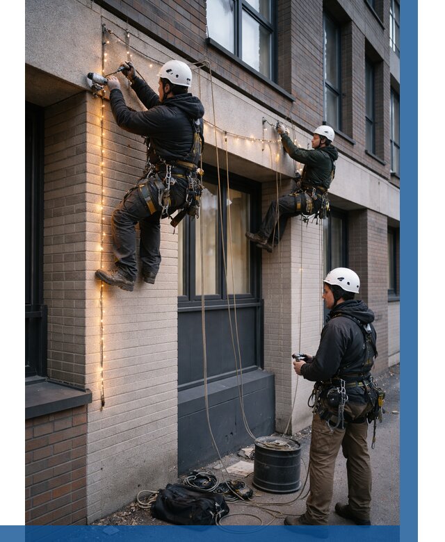 Монтаж гирлянд на фасаде в Новокузнецке от 3596 р. | ВЫСОТНИК-Нвк