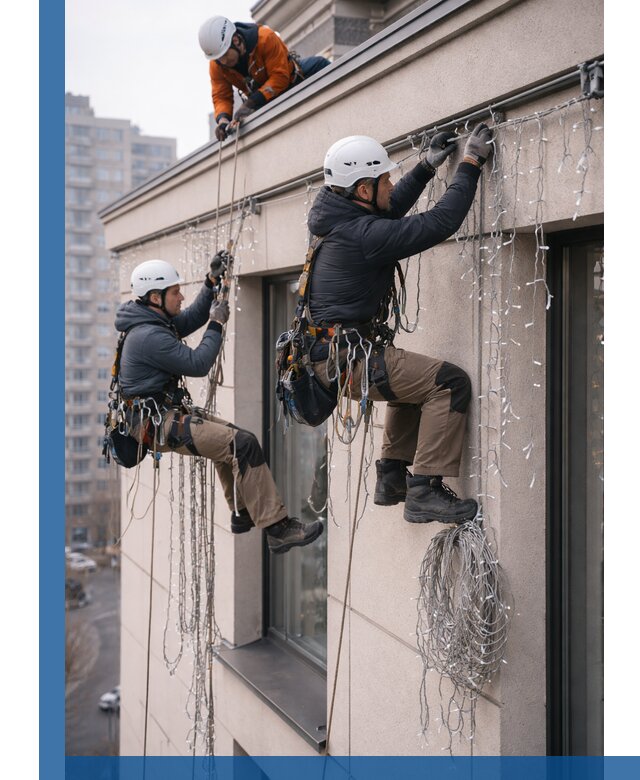 Монтаж праздничных гирлянд на фасаде в Новокузнецке для зданий