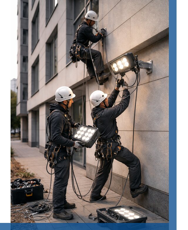 Монтаж прожекторов на фасаде в Новокузнецке от 7706 р. | ВЫСОТНИК-Нвк