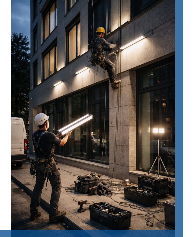 Монтаж архитектурной подсветки здания в Новокузнецке от 2569 р.|ВЫСОТНИК-Нвк