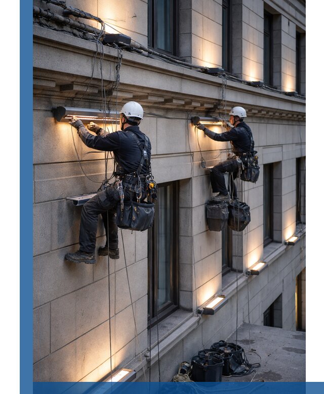 Монтаж архитектурной подсветки фасадов зданий в Новокузнецке