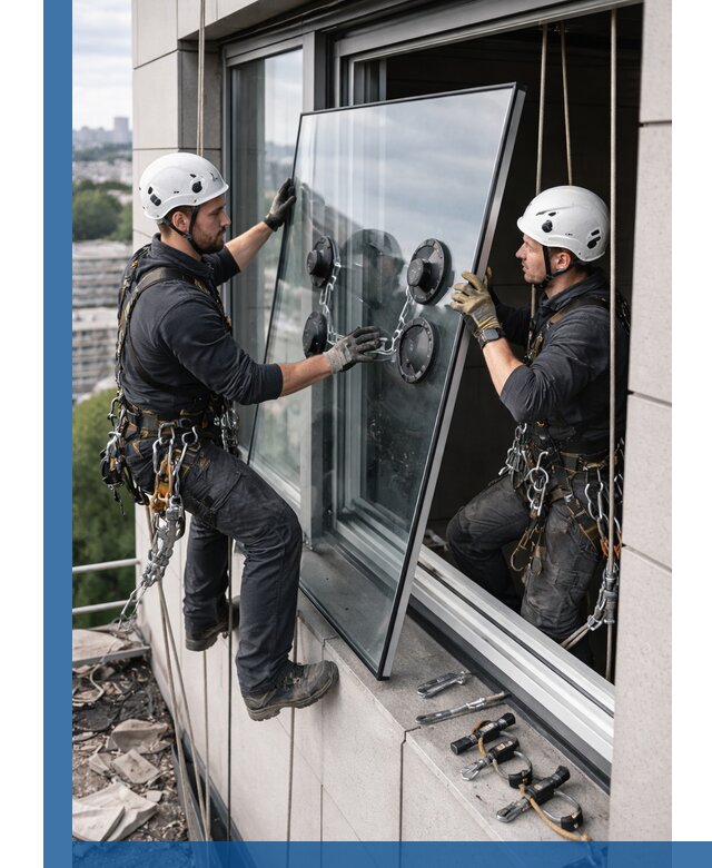 Замена стеклопакетов на высоте с промышленными альпинистами в Новокузнецке