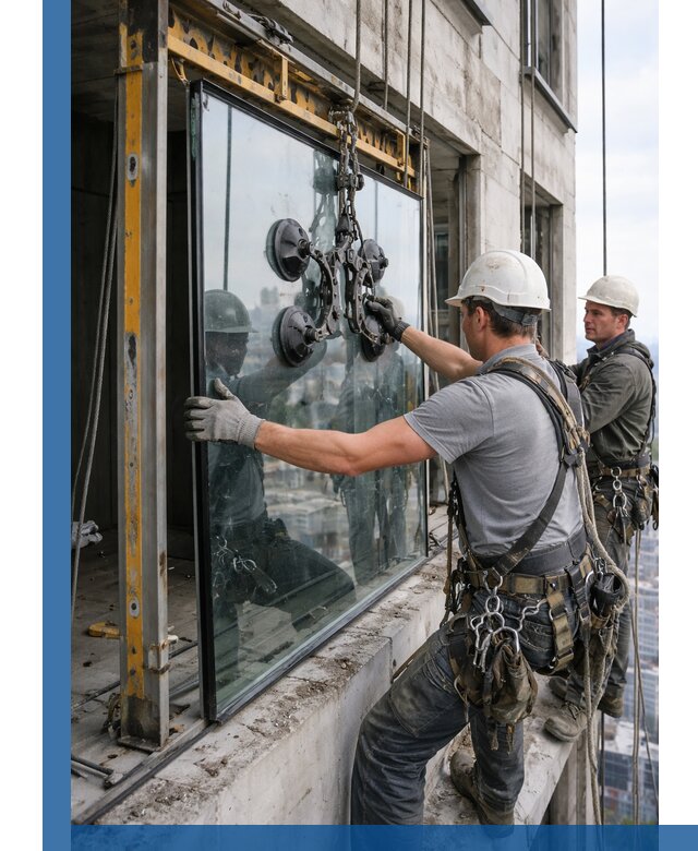 Монтаж стеклопакетов на высоте в Новокузнецке с промышленным альпинизмом