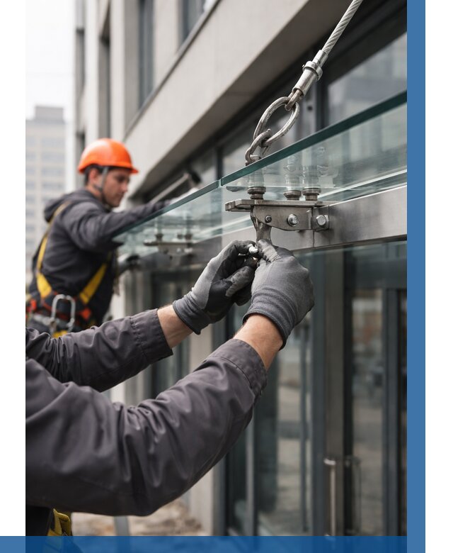 Монтаж стеклянных козырьков в Новокузнецке от 8733 р. | ВЫСОТНИК-Нвк