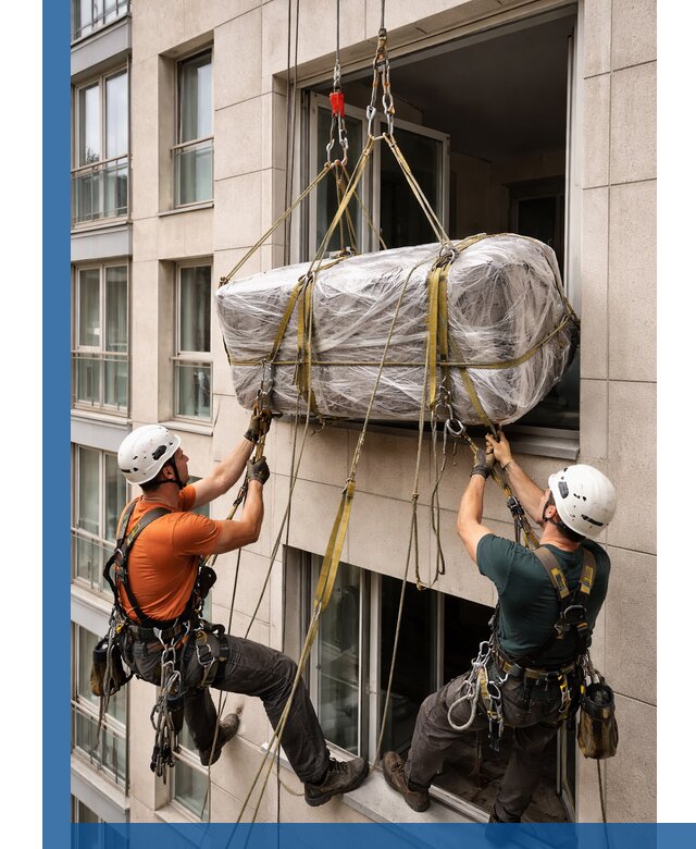 Подъем грузов через окно в Новокузнецке промышленными альпинистами