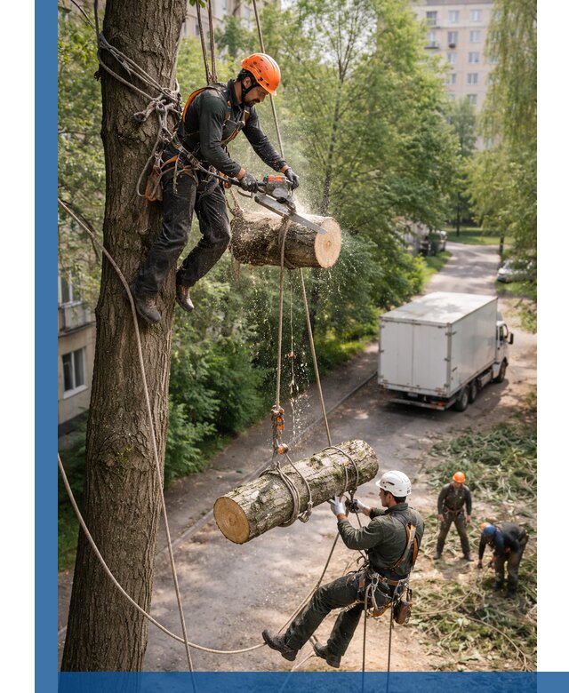 Спил деревьев альпинистами в Новокузнецке, безопасно и без повреждений
