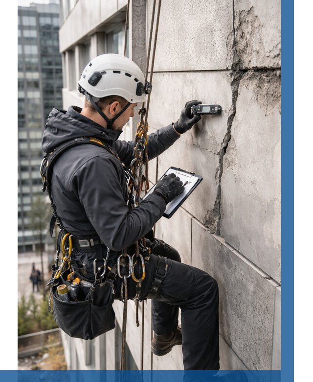 Обследование фасада альпинистами в Новокузнецке от 123 р. | ВЫСОТНИК-Нвк