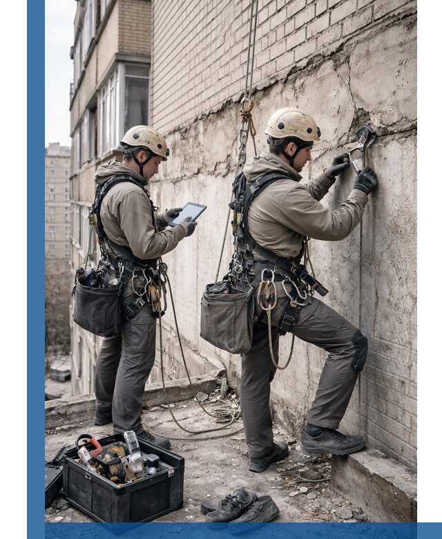 Обследование фасада промышленными альпинистами в Новокузнецке